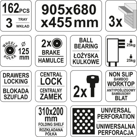 Wózek, szafka serwisowa z narzędziami, 3 szuflady, 162 narzędzia (wymiary: 90,5x68x45,5 cm 65669917