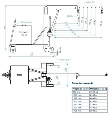 Żuraw warsztatowy i montażowy, obsługiwany ręcznie opcja z przeciwwagą 1150 kg (udźwig: od 390 do 1000 kg) 56369646